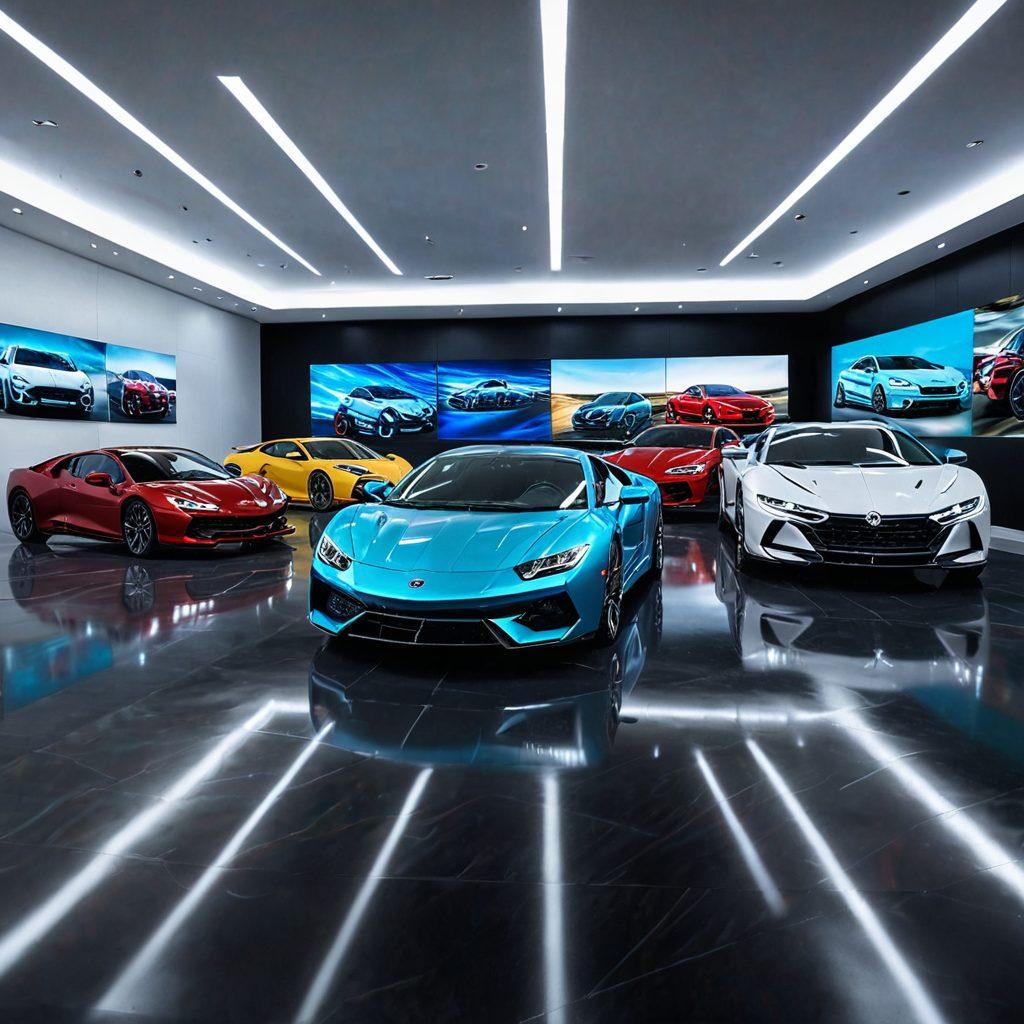 A bustling car dealership showroom with futuristic digital interfaces, holographic car displays, and enthusiastic customers engaging with digital sales assistants. Vibrant technology screens showcasing new car models and interactive features. super-realistic. vibrant colors. futuristic style.