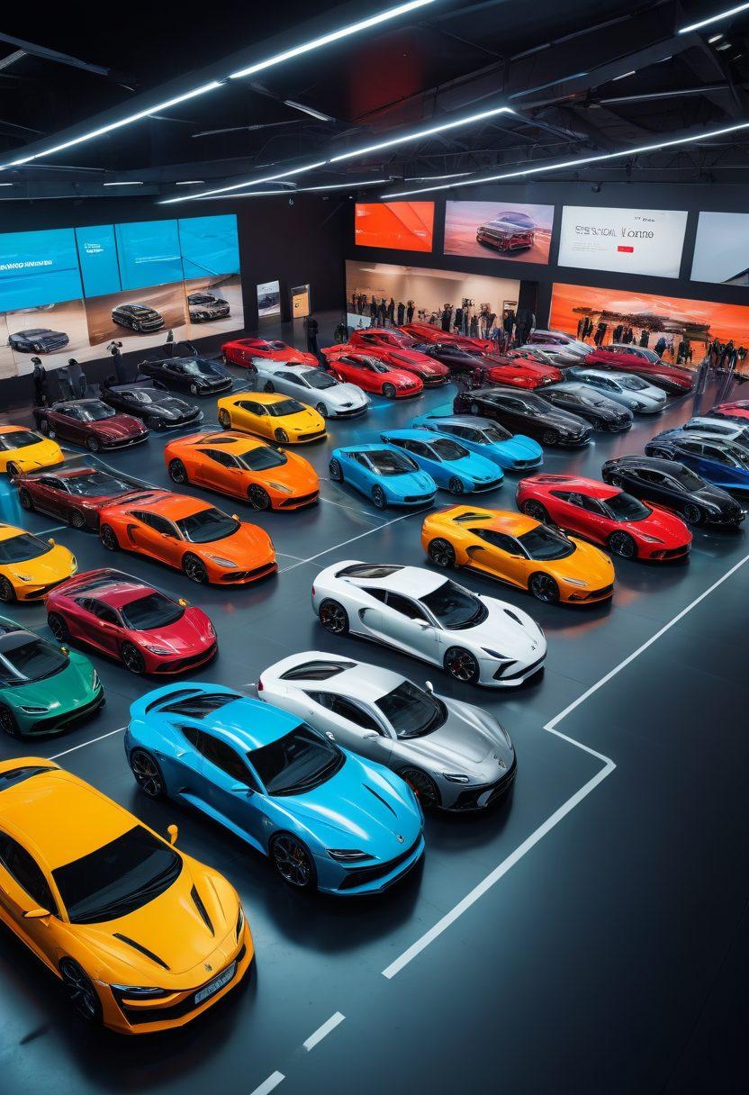 A bustling online marketplace with sleek, modern cars and users happily engaged in buying and selling, set against a backdrop of digital screens and network connections symbolizing the internet. Emphasis on variety and diversity of vehicles, vibrant energy, and successful transactions. futuristic design. vibrant colors. 3D rendering.