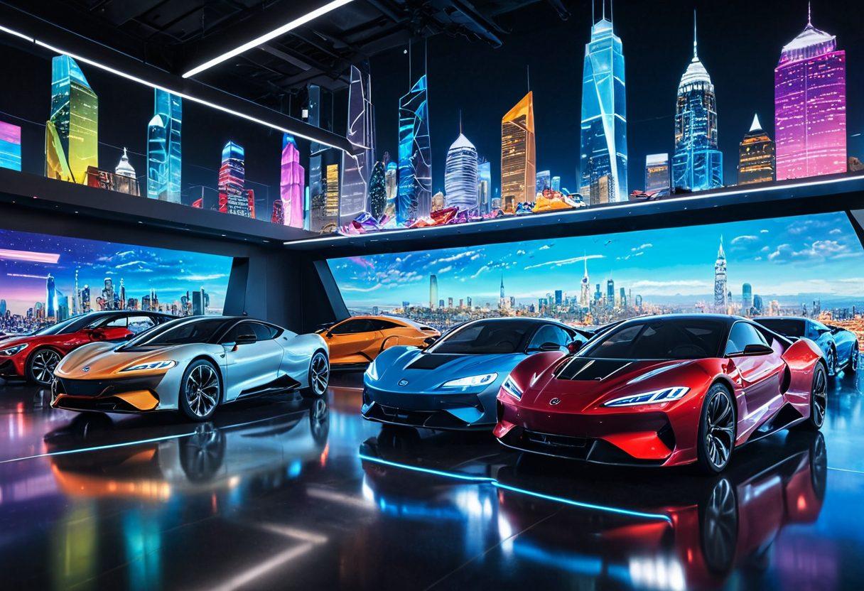 A futuristic car showroom with sleek, modern cars glistening under bright lights, holographic displays showing advanced tech specs, and enthusiastic customers engaging with sales robots. The background features a high-tech city skyline with flying cars. Painting style. Vibrant colors. High detail.